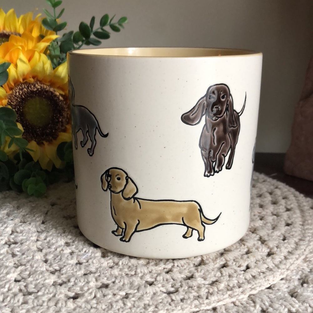 Cream Ceramic Planter Pot with Gray and Brown Dachshund Illustrations